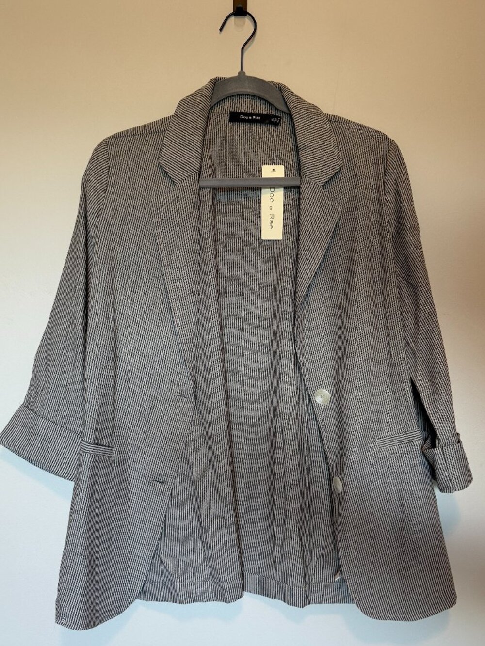 Doe & Rae Striped Blazer Size S Navy Gray 3/4 Sleeve Lightweight Workwear NWT - Picture 2 of 4